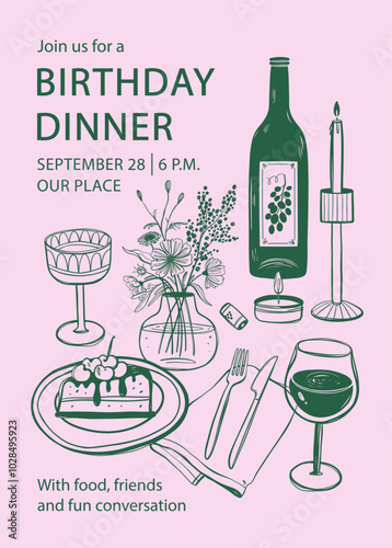 Birthday dinner invitation. Table served and decorated with flowers and candles.