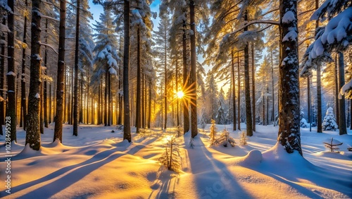 Morning in the snowy forest, serene mood, with sunlight filtering through the trees.