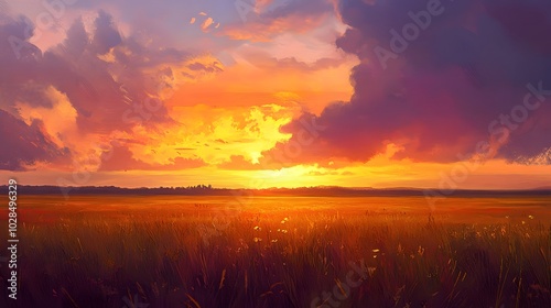 135. A wide view of an expansive prairie under a dramatic sunset