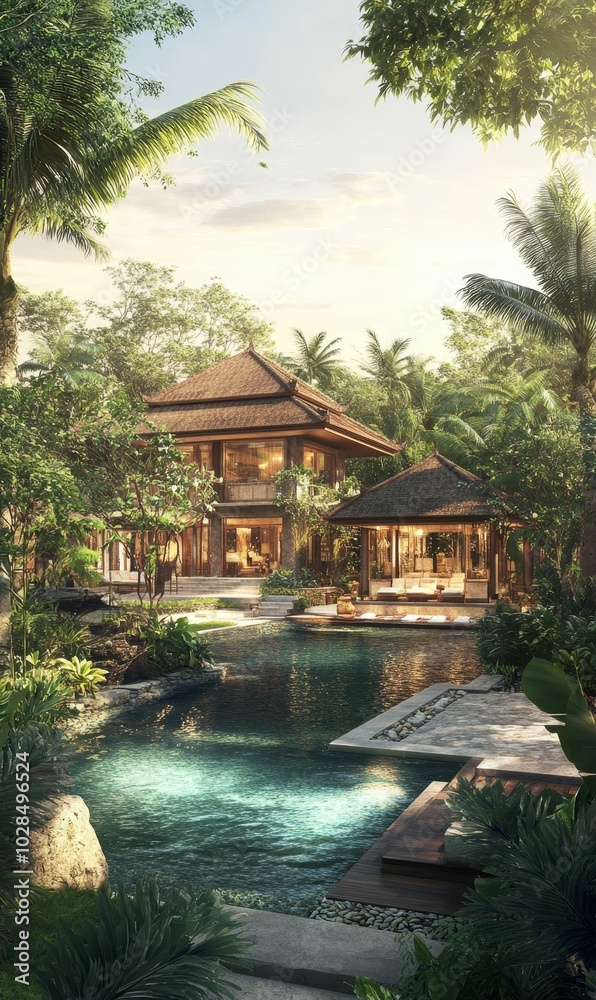 Tropical villa with pool and lush greenery.