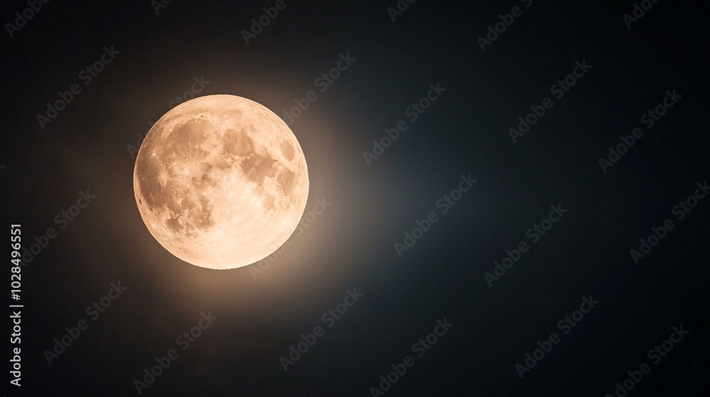 Obraz premium Bright moon shining through a partly cloudy night sky, clear weather, tranquil evening