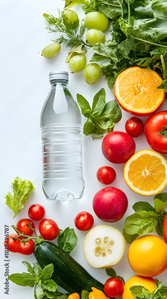 A clear bottle of water arranged with vibrant greens and vegetables white background A clear bottle of water arranged with vibrant greens and vegetables white background