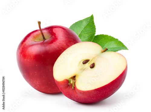 Red apple fruit with cut in half isolated on white background. Clippng path.