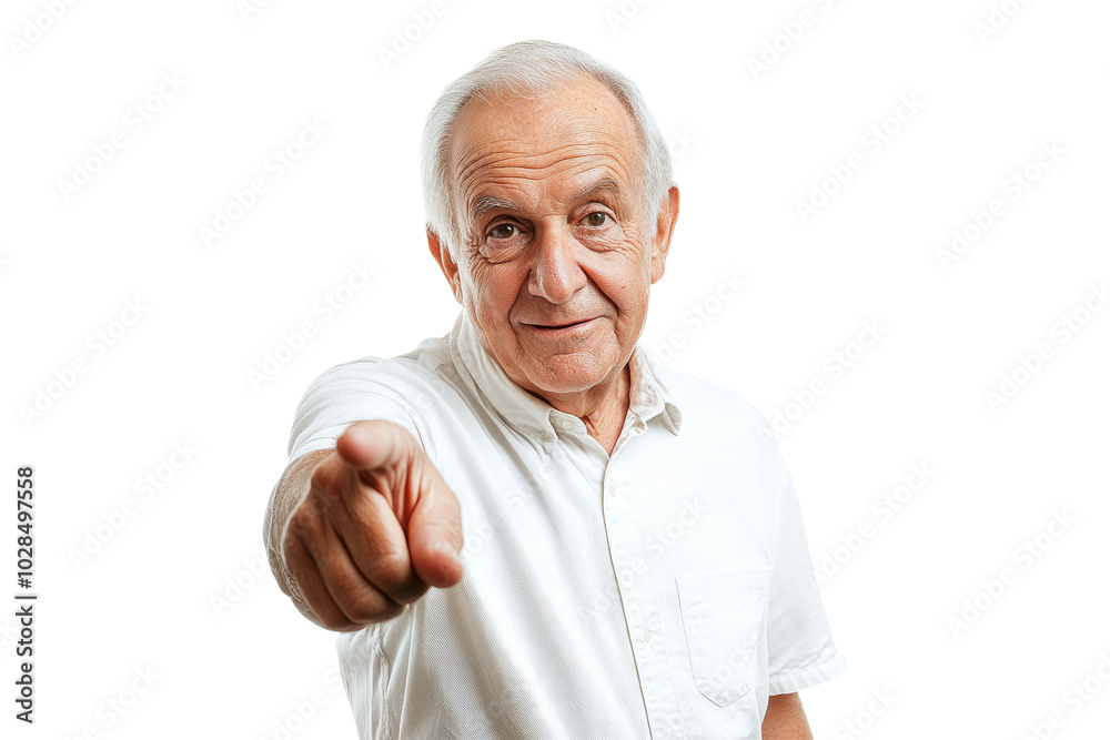 Portrait of an elderly man pointing forward with a welcoming gesture on a transparent background Portrait of an elderly man pointing forward with a welcoming gesture on a transparent background