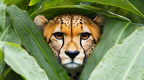 This high resolution stock photo features a wide angle view of a cute cheetah hiding behind large leaves in the jungle, with a backdrop of vibrant greenery