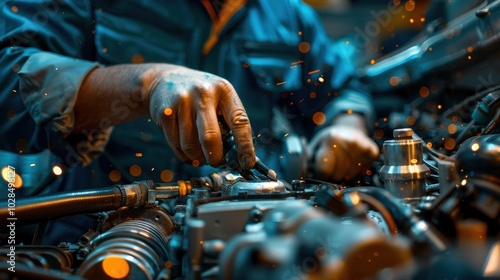 Expert Mechanic Working Diligently on an Engine with Precision and Skill in a Busy Workshop