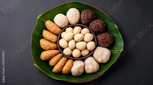 Traditional sweets like tilgul ladoos and chikkis arranged on a banana leaf, symbolizing the harvest and sharing of sweets for Makar Sankranti  photo