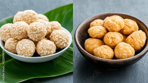 Traditional sweets like tilgul ladoos and chikkis arranged on a banana leaf, symbolizing the harvest and sharing of sweets for Makar Sankranti  photo