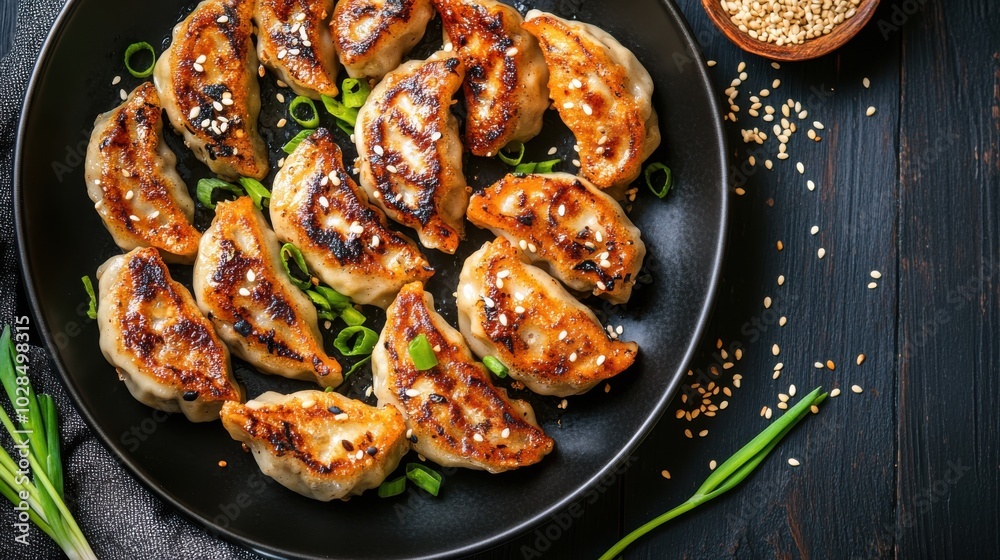 Pan-fried gyoza dumplings, arranged in a black plate, garnished with green onions and sesame seeds Pan-fried gyoza dumplings, arranged in a black plate, garnished with green onions and sesame seeds