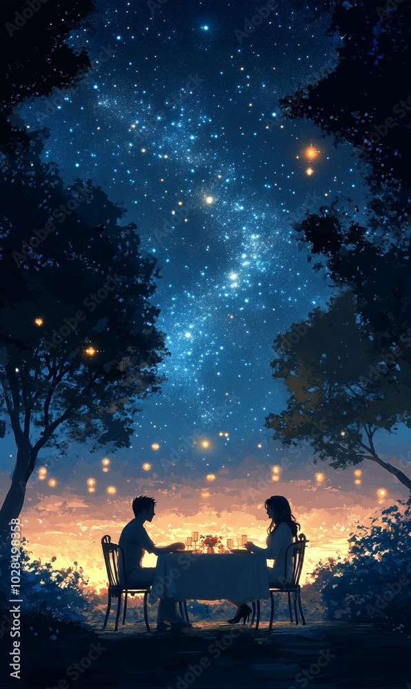 Couple dining under starry night sky. Couple dining under starry night sky.