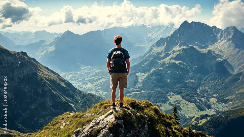 A hiker stands on a rocky peak overlooking a valley of mountains on a bright, sunny day A hiker stands on a rocky peak overlooking a valley of mountains on a bright, sunny day