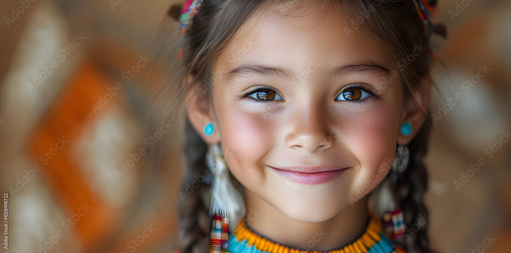 Portrait of smiling girl wearing native American traditional Indian jewelry and clothes isolated on white background Portrait of smiling girl wearing native American traditional Indian jewelry and clothes isolated on white background