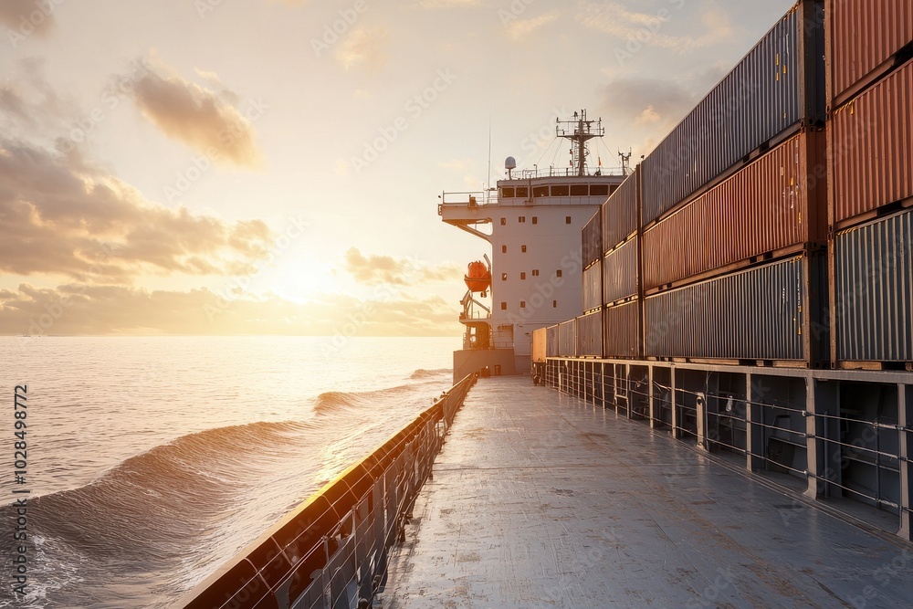 Fototapeta premium A cargo ship navigates through calm waters at sunset, loaded with colorful containers under a beautiful sky.