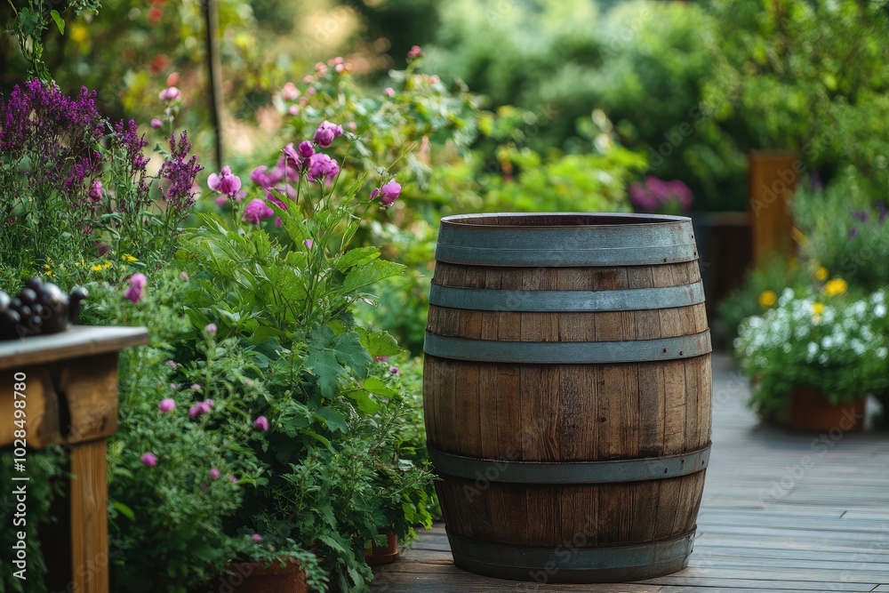 wine on wooden barrel on green garden terrace - generative ai wine on wooden barrel on green garden terrace - generative ai