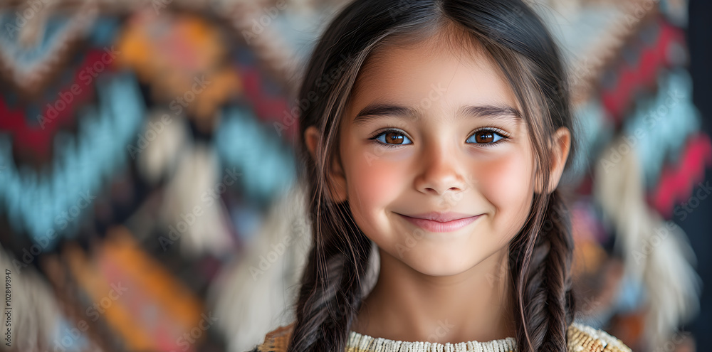 Portrait of smiling girl wearing native American traditional Indian jewelry and clothes isolated on white background Portrait of smiling girl wearing native American traditional Indian jewelry and clothes isolated on white background