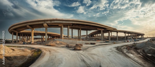 A massive tollway interchange under construction with highways and intricate design elements