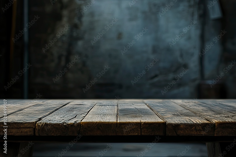Old wood table with blurred concrete block wall in dark room background. with generative ai Old wood table with blurred concrete block wall in dark room background. with generative ai