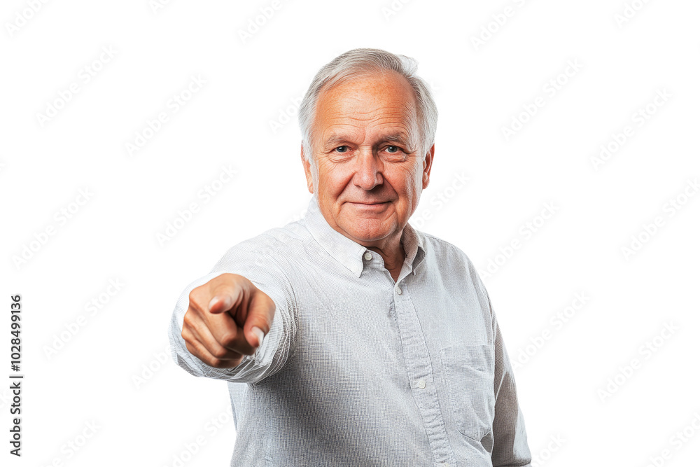 Portrait of an elderly man pointing forward with a welcoming gesture on a transparent background Portrait of an elderly man pointing forward with a welcoming gesture on a transparent background