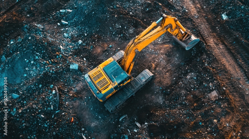 Aerial View of a Yellow Excavator on a Construction Site Aerial View of a Yellow Excavator on a Construction Site