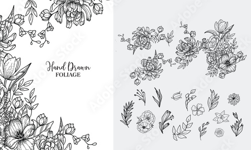 Set of botanical design elegant calligraphic various flowers and brunch, Hand drawn floral frame & Wedding wildflowers for invitation save the date card Etc. . Botanical all layout vector illustration