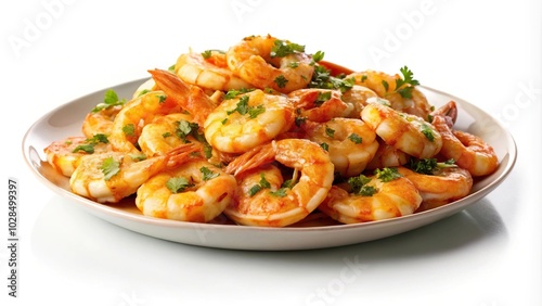 Garlic fried shrimp in plate isolated on white background and copy space