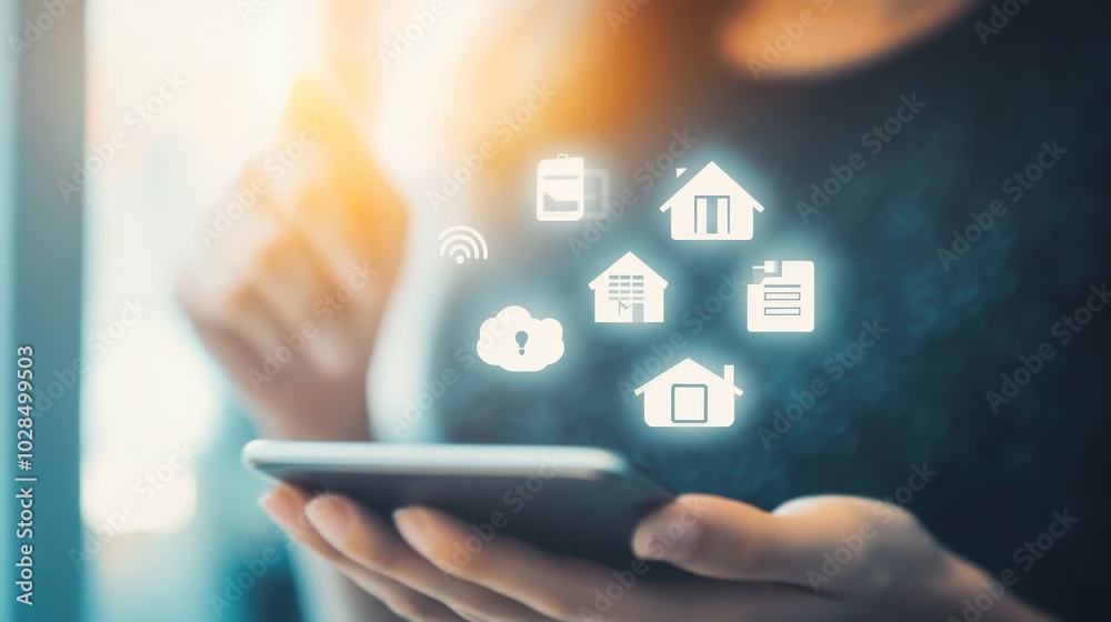 A person using a smartphone with digital icons representing home services, symbolizing smart technology and connectivity. A person using a smartphone with digital icons representing home services, symbolizing smart technology and connectivity.