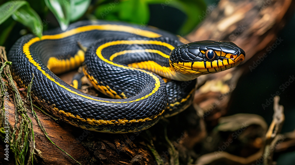 Fototapeta premium A beautiful black and yellow striped snake resting on a branch
