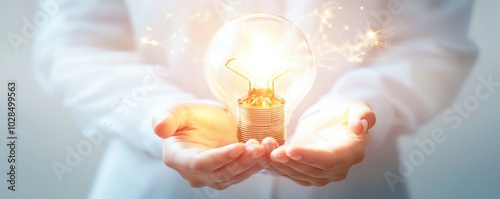 Person holding a glowing light bulb, symbolizing creativity, innovation, and inspiration in a bright environment.