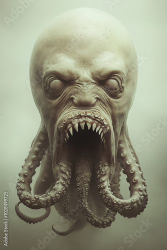 creature of ai // angry octopus tentacle face, large teeth, alienlike, foggy background, surreal, photorealistic photo