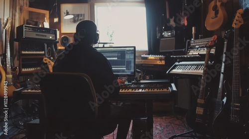 A creative music studio with guitars, keyboards, and a producer crafting a new song on a laptop