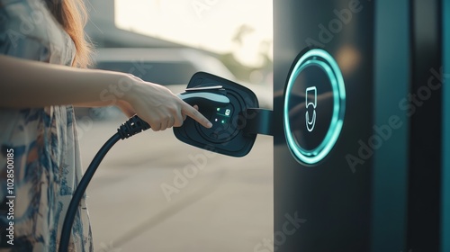 Person charging an electric vehicle at a modern charging station, showcasing sustainable energy and technology in urban settings. photo