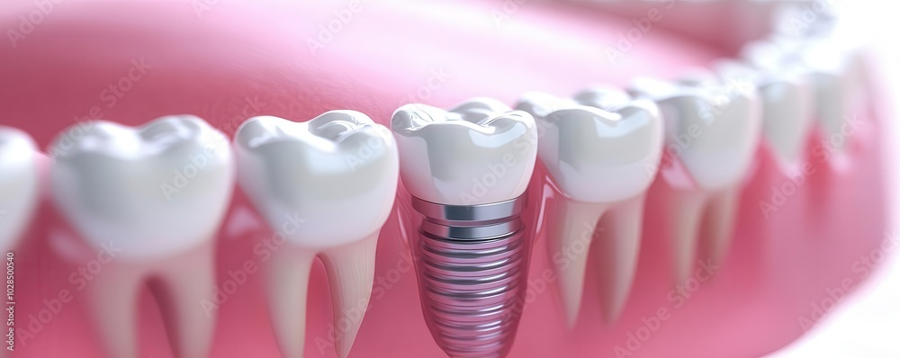 Close-up of modern dental implant in pink gum, pastel pink light, dental prosthetics, professional representation of tooth care Close-up of modern dental implant in pink gum, pastel pink light, dental prosthetics, professional representation of tooth care