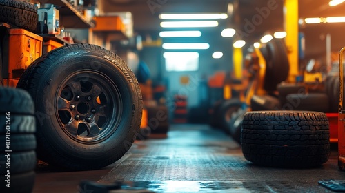 Tire changing tyre repair car service shop background 