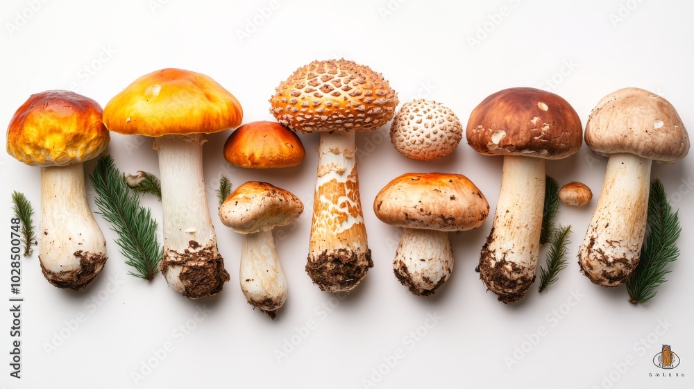Different mushrooms on a white background. Generative AI Different mushrooms on a white background. Generative AI