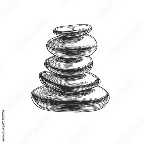 Vector hand-drawn illustration of a stack of stones isolated on a white background. A sketch of accessories for spa treatments.