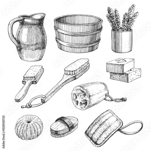 Vector hand-drawn set of illustrations of accessories for bathhouse. Sketch of wooden basin, jug, brushes, loofahs, soap with natural ingredients isolated on white.