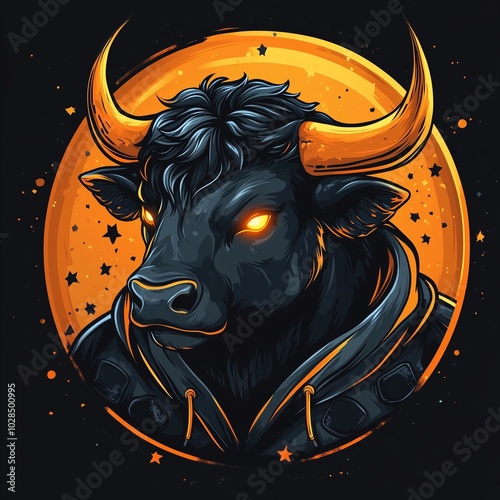 Modern mascot dark grey and orange logo of bull for cyber players, video game teams, social networks. photo