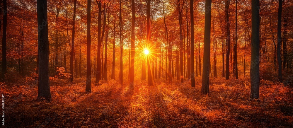 Fototapeta premium Golden sunlight beams through an autumn forest.
