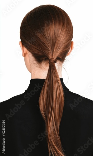 Woman with long brown hair in ponytail.