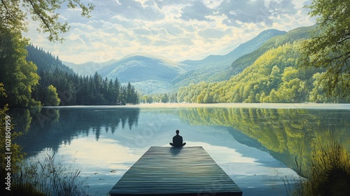 2410_079.a man sitting at the edge of a wooden dock in a peaceful lakeside setting, facing a vast landscape of green mountains and still water the tranquil reflections on the water, along with the