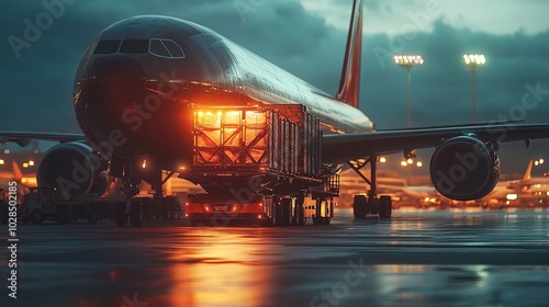 air cargo freighter loading luggage and freight with high loader at airport photo