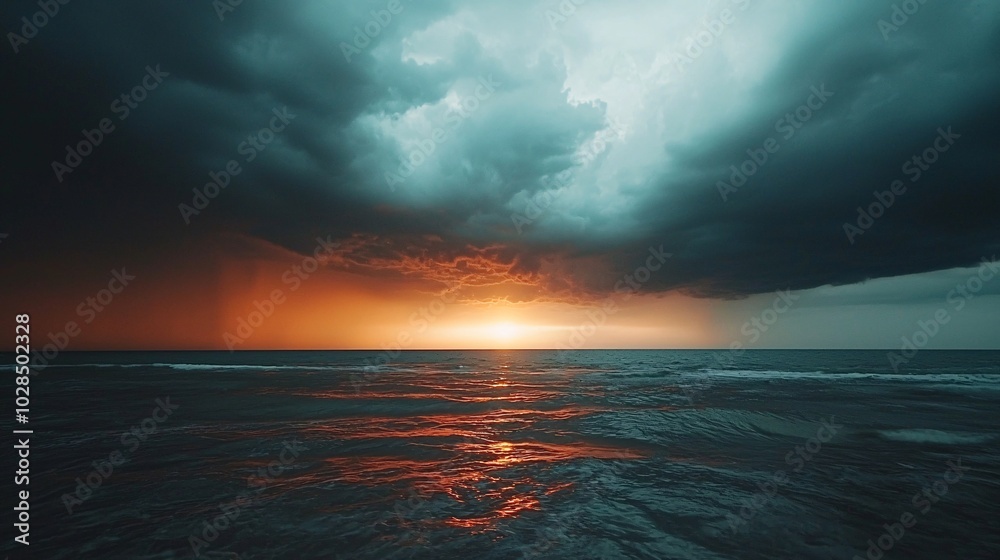 Sun setting behind a line of thunderstorms on the horizon, dramatic weather, contrast of light and dark Sun setting behind a line of thunderstorms on the horizon, dramatic weather, contrast of light and dark