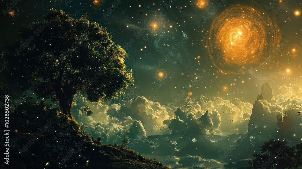 A lone tree stands tall amidst a swirling nebula and a distant mountain range. A lone tree stands tall amidst a swirling nebula and a distant mountain range.