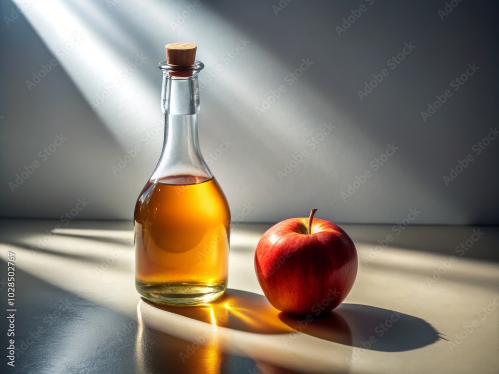 Low Light Photography of Vinegar with Apple and Bottle on White Background, Perfect for Culinary Art, Food Styling, and Kitchen Decor Low Light Photography of Vinegar with Apple and Bottle on White Background, Perfect for Culinary Art, Food Styling, and Kitchen Decor
