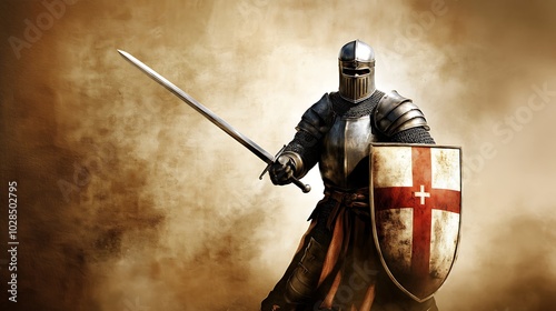 A photorealistic image of a Christian knight clad in shining armor, holding a sword in one hand and a shield emblazoned with a cross in the other photo