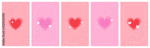 Collection of blurred red and pink hearts with soft glow effect on pink background. Aesthetic aura design covers, romantic posters. Vector iillustration