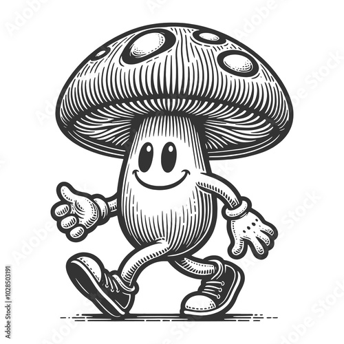 smiling cartoon mushroom character walking with a cheerful expression, embodying fun and positivity sketch engraving generative ai raster illustration. Scratch board imitation. Black and white image. photo