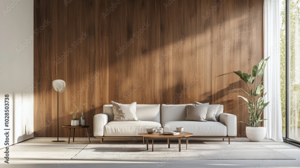 Naklejka premium A bright and inviting modern living room featuring a sleek wooden wall as the focal point