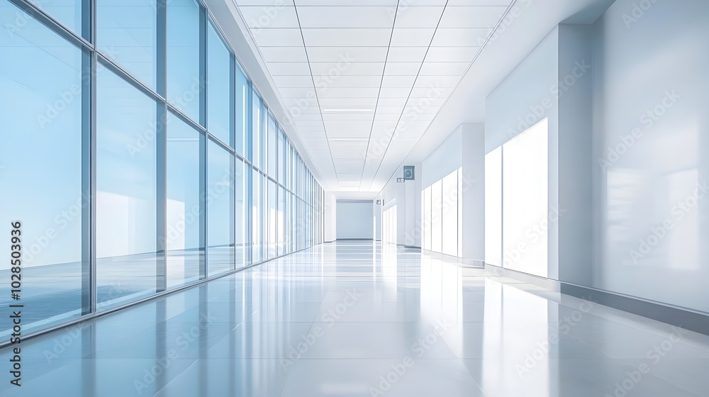 Clean and Bright Interior Hallway with Glass Wall and Open Sky View Clean and Bright Interior Hallway with Glass Wall and Open Sky View
