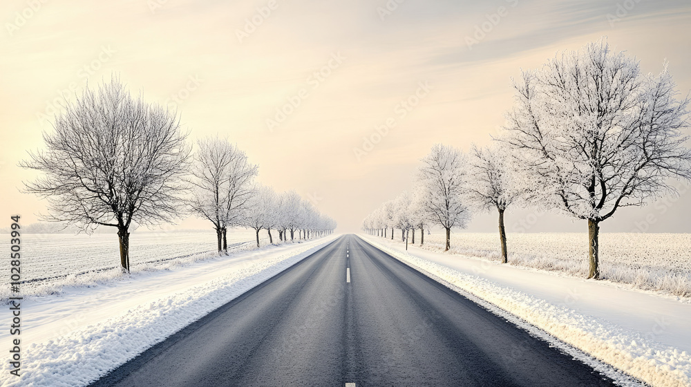 Winter Road with Snow-Dusted Fields and Barren Trees Winter Road with Snow-Dusted Fields and Barren Trees
